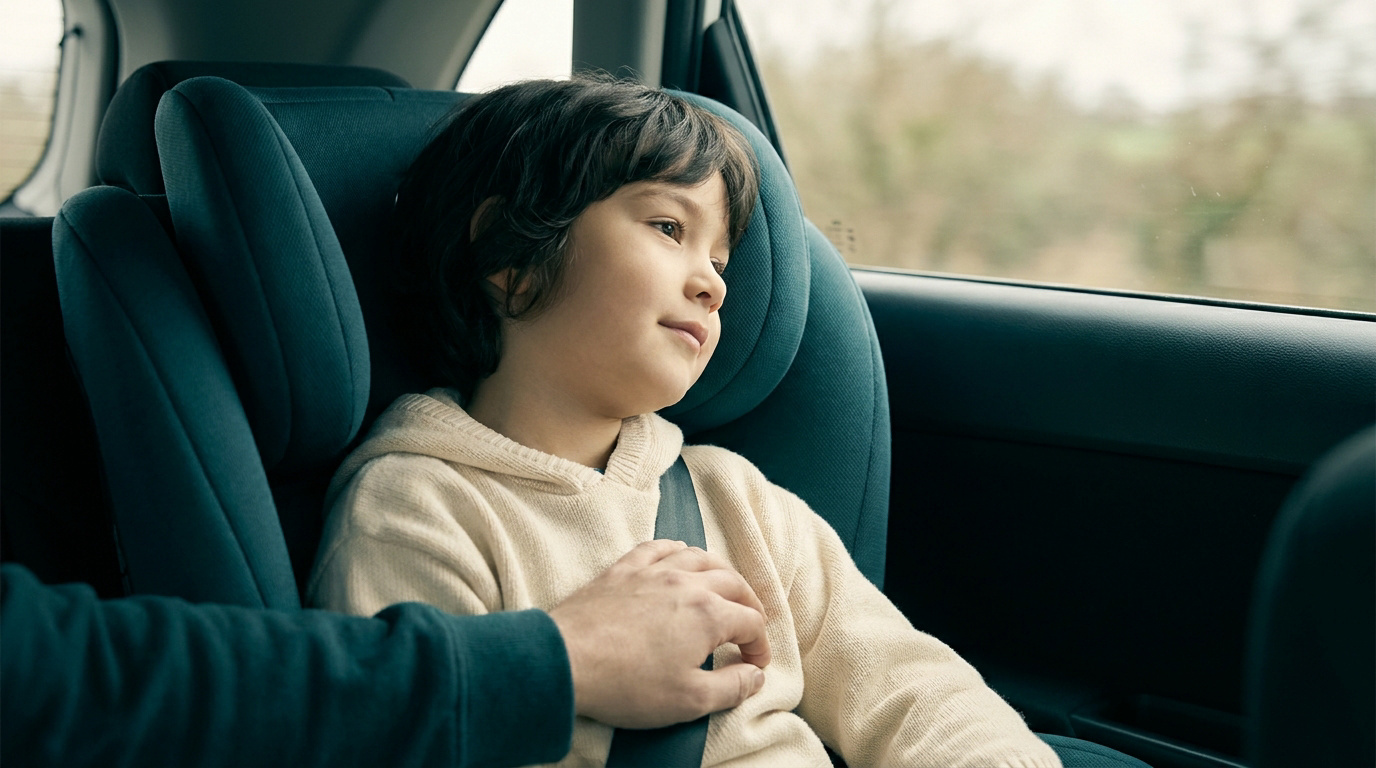 Un jeune enfant assis dans son siège auto, regardant par la fenêtre pendant un trajet en voiture.