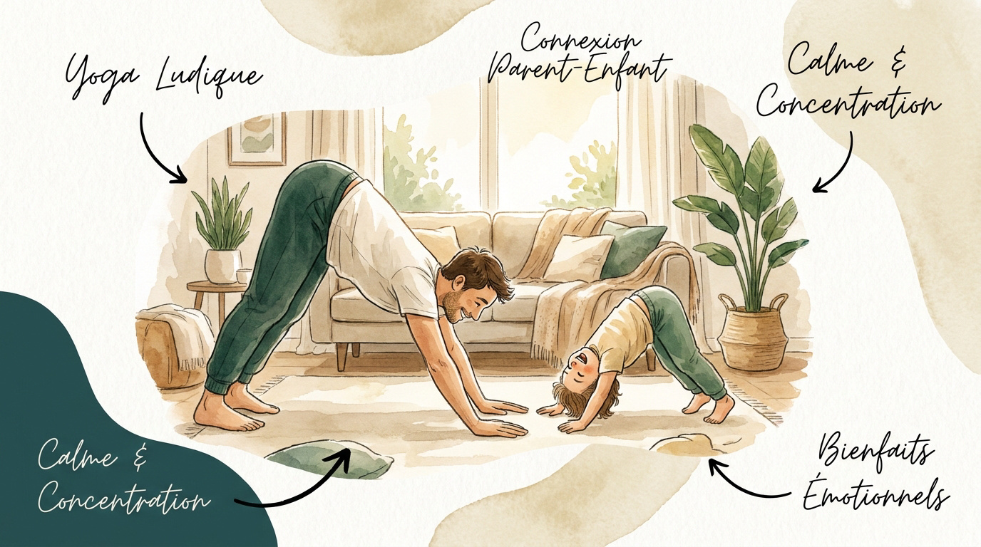 Parent et enfant pratiquant une posture de yoga ludique dans un salon