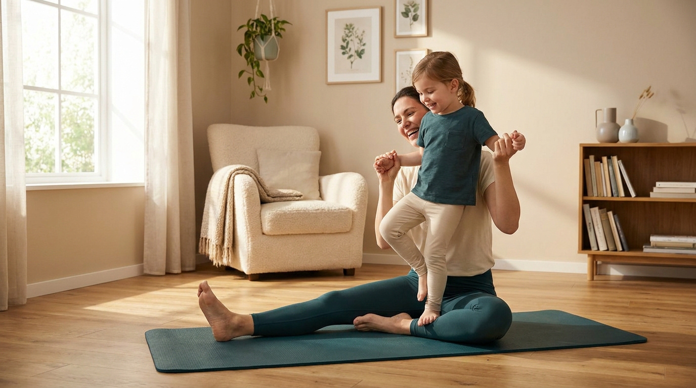 Une mère et sa fille pratiquent ensemble le yoga sur un tapis dans un salon lumineux.