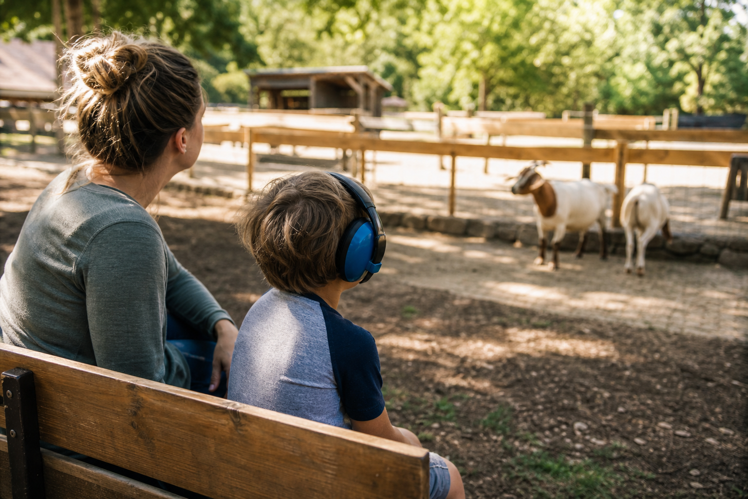 Pause calme pendant une visite de ferme pédagogique avec un enfant sensible