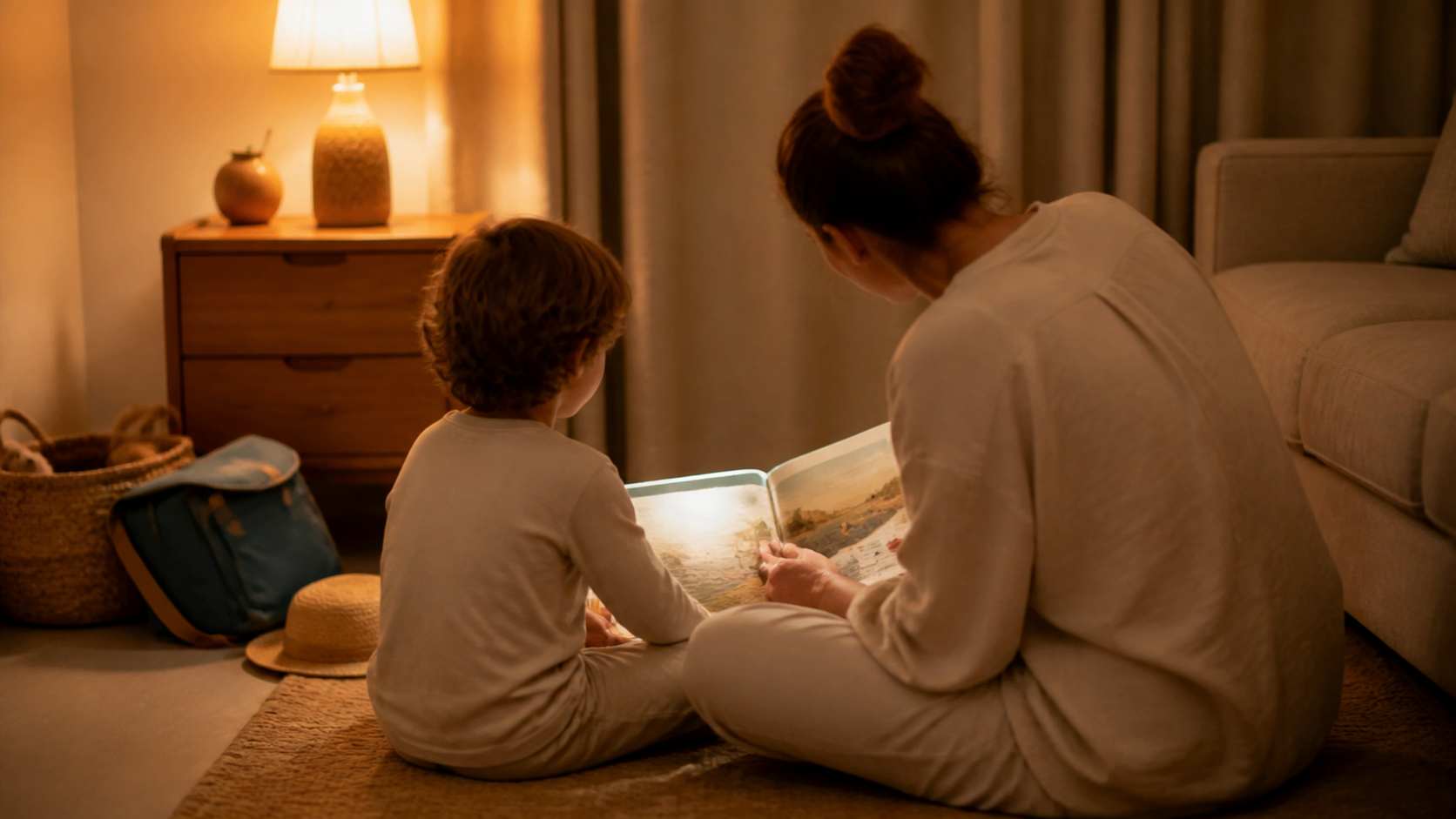 Adulte et enfant de dos lisant un album illustré à la lumière douce d'une lampe de chevet pendant les vacances