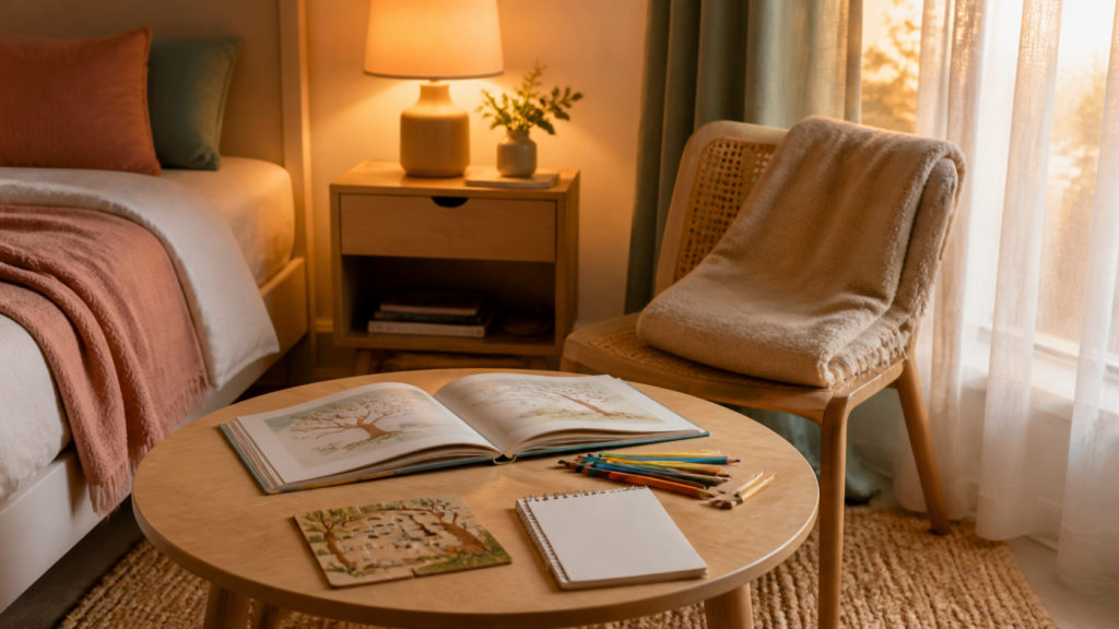 Coin calme en vacances avec album illustré, puzzle en bois, crayons et carnet posés près d'une lampe allumée