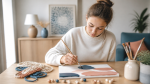 Adolescent créant une peinture abstraite sur une toile, activité manuelle à la maison
