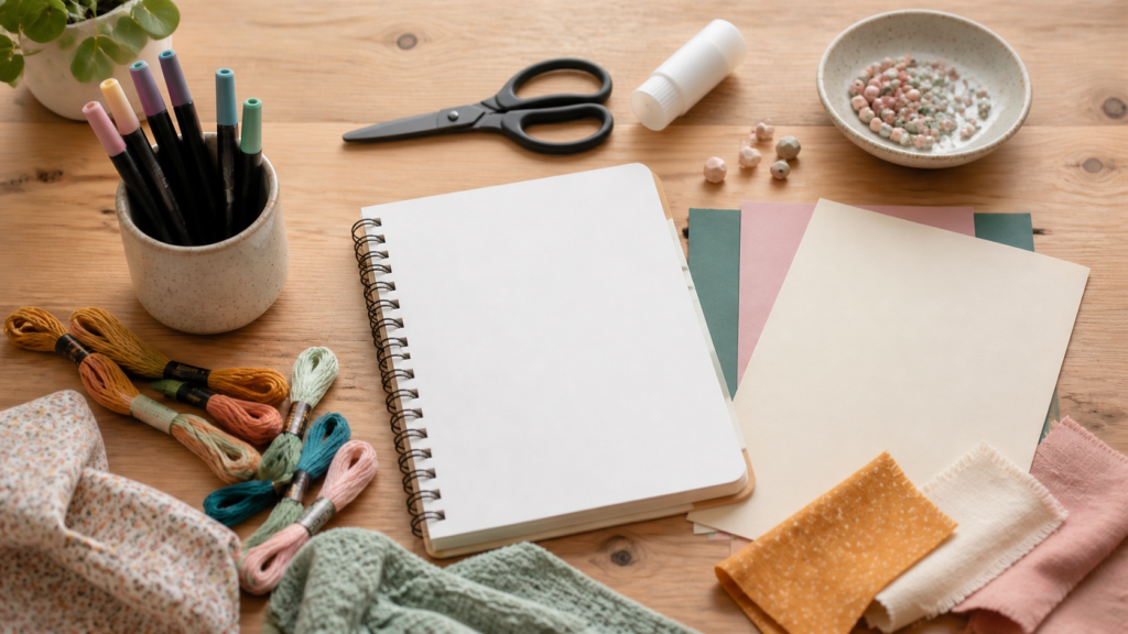 Matériel de base pour démarrer une activité manuelle ado, disposé sur une table