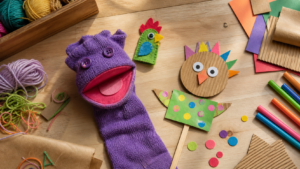Marionnettes faites main en chaussette et en carton posées sur une table avec des gommettes, des feutres et de la laine