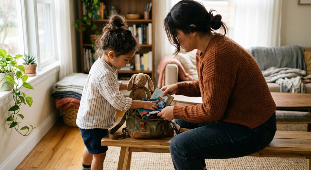 Enfant et adulte préparant ensemble un sac de voyage dans un salon