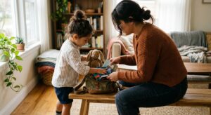 Enfant et adulte préparant ensemble un sac de voyage dans un salon