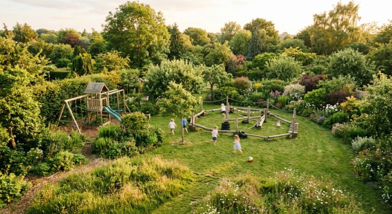 Vue large d'un jardin avec aire de jeux pour enfants en été