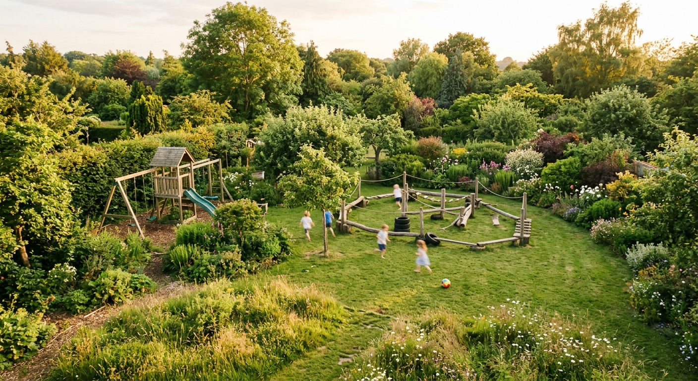 Vue large d'un jardin avec aire de jeux pour enfants en été