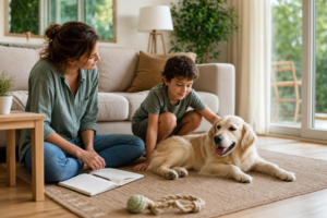 Enfant observant calmement un animal domestique avec un adulte à proximité