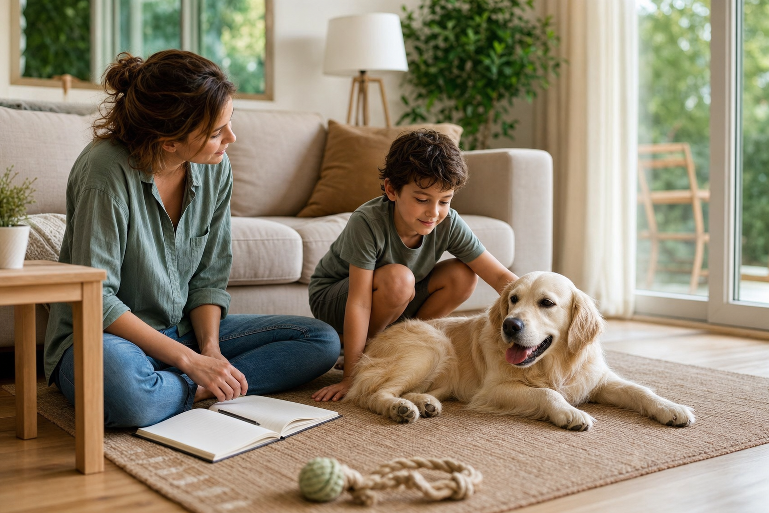 Enfant observant calmement un animal domestique avec un adulte à proximité