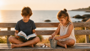 Deux enfants occupés chacun à une activité calme sur un banc en bord de mer pendant les vacances