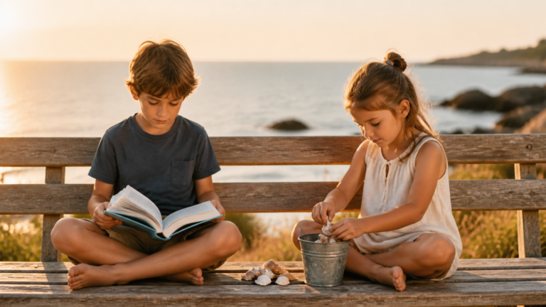 Deux enfants occupés chacun à une activité calme sur un banc en bord de mer pendant les vacances