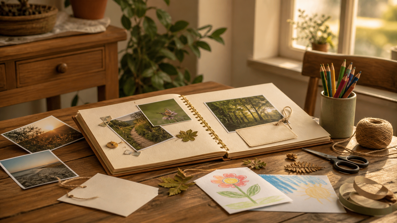 Album souvenir familial ouvert avec photos et dessin d’enfant sur une table