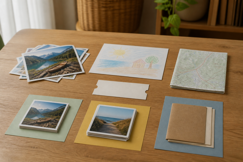 Photos de sortie, dessin et billet triés pour préparer un album familial