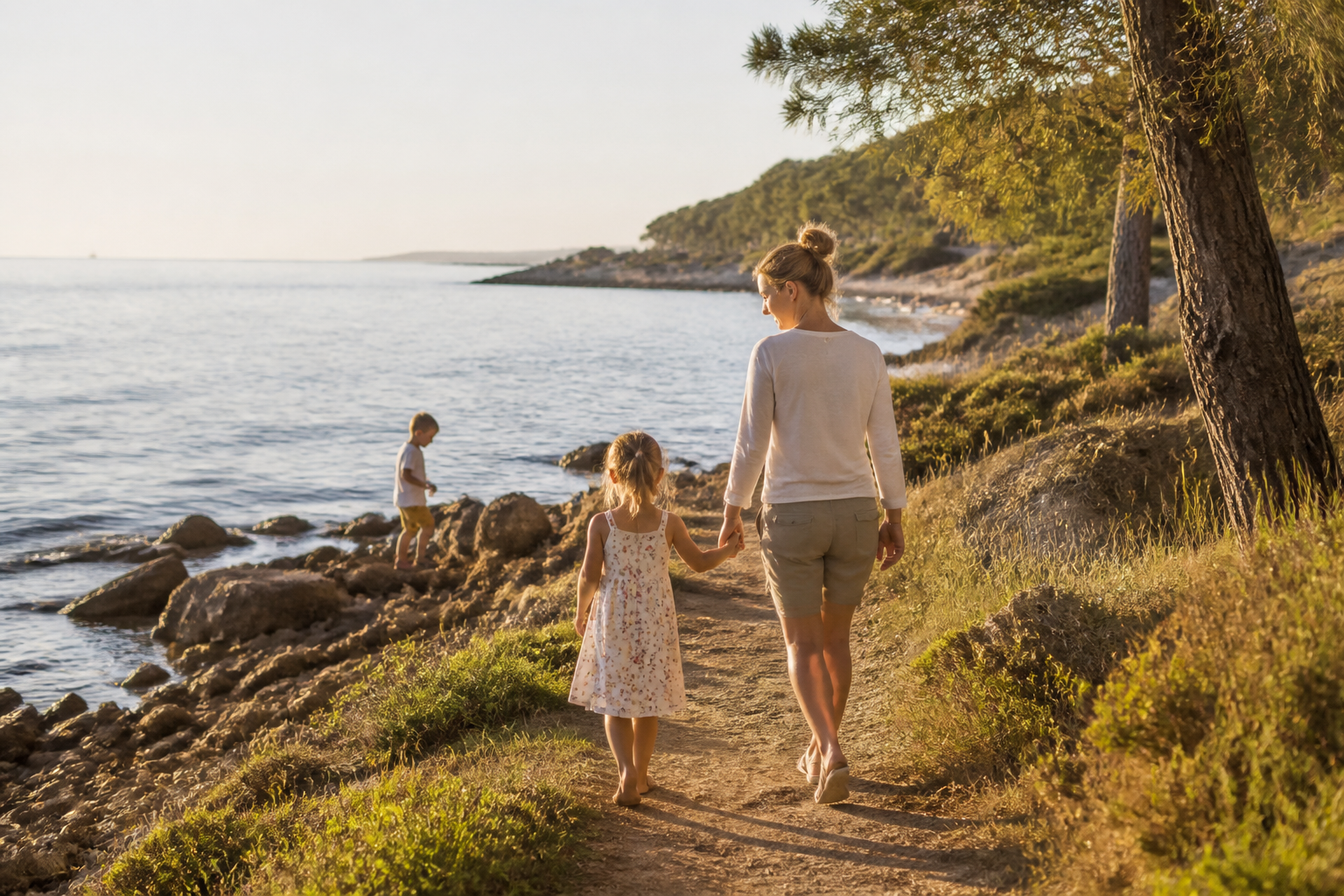 Un parent et un enfant profitant d'un moment individuel en vacances pendant que l'autre enfant joue à distance