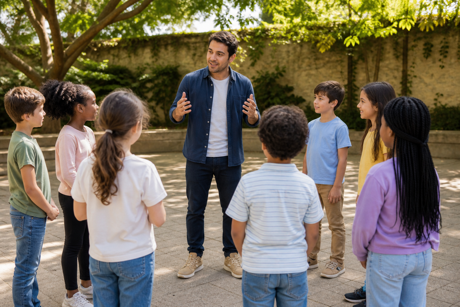 Animateur lançant un jeu oral sans accessoire devant un groupe d'enfants en cercle
