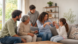Famille multigénérationnelle jouant à un jeu oral dans un salon lumineux sans plateau ni accessoires
