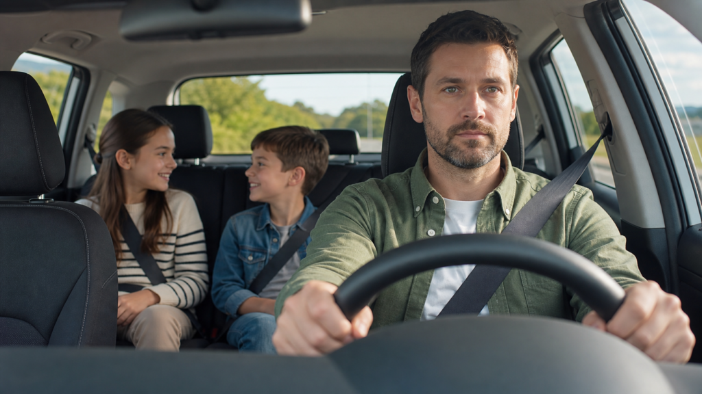 Famille jouant calmement à un jeu oral en voiture, conducteur concentré et ceintures attachées