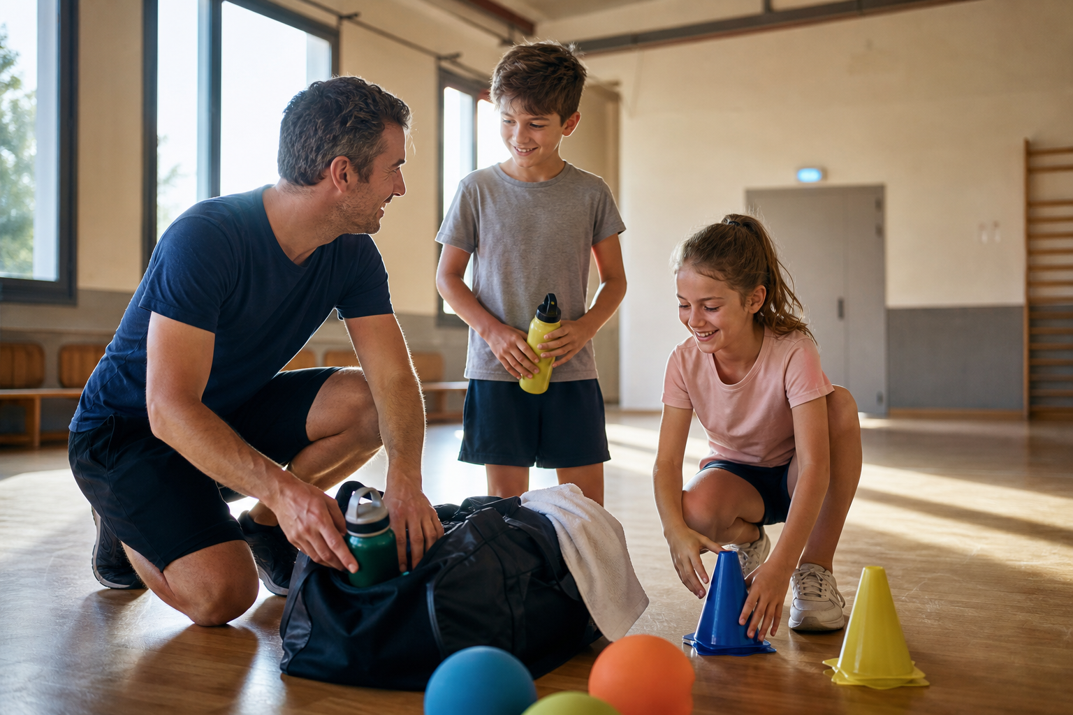 Parent et enfants préparant un sac de sport dans une salle avant une activité familiale