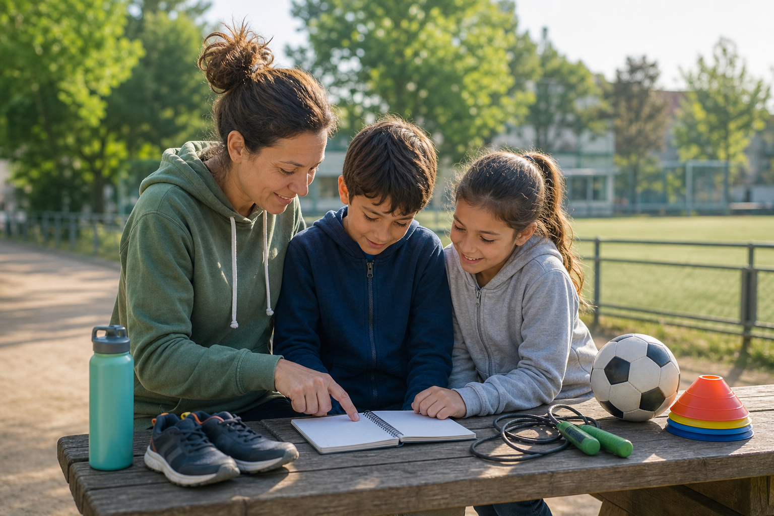 Parent et enfants consultant une checklist d’activité sportive avant une sortie en famille
