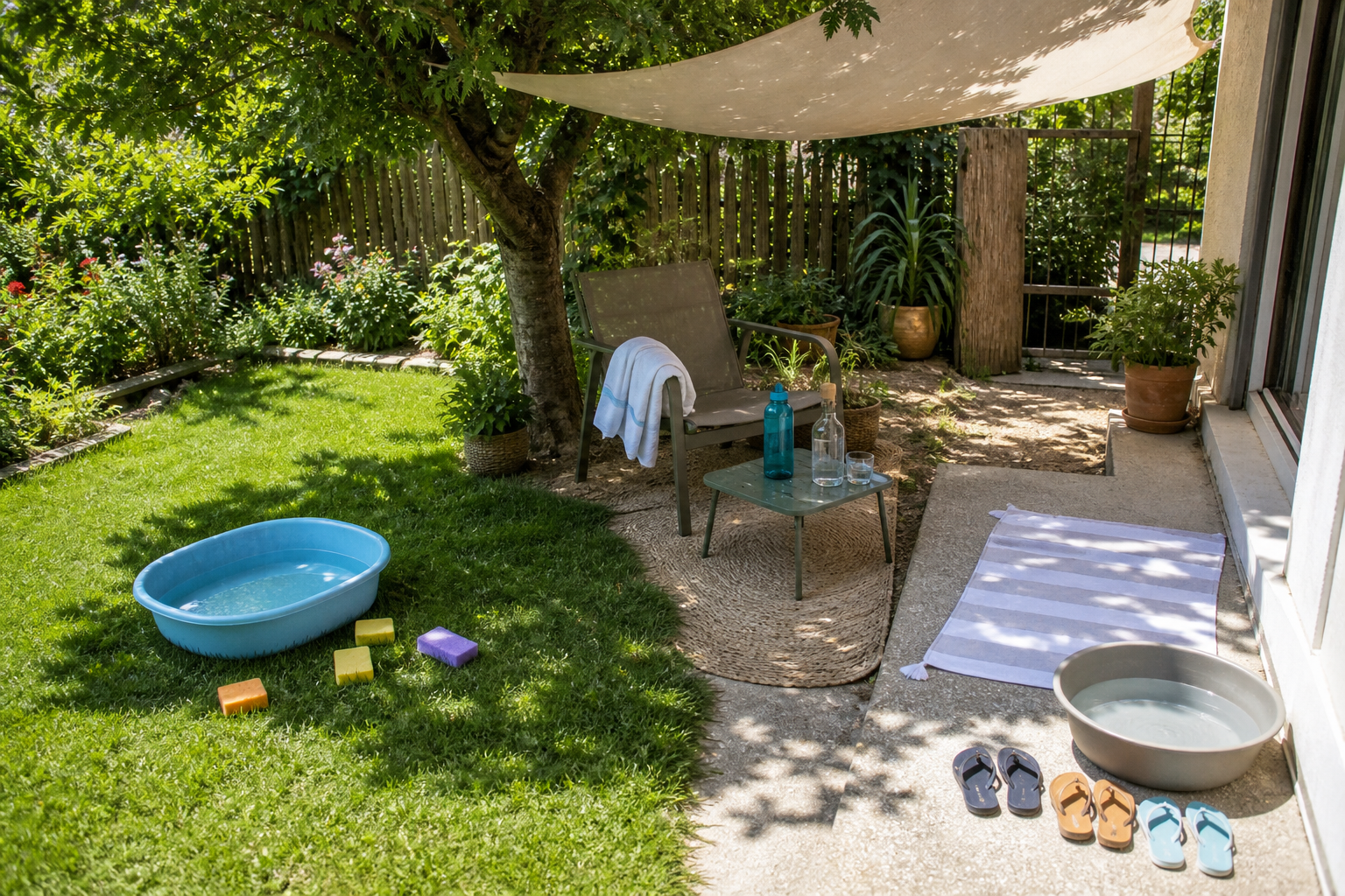 Jardin familial organisé avec une zone de jeu d’eau, un coin d’ombre pour boire et une zone de transition avec serviette et chaussures.