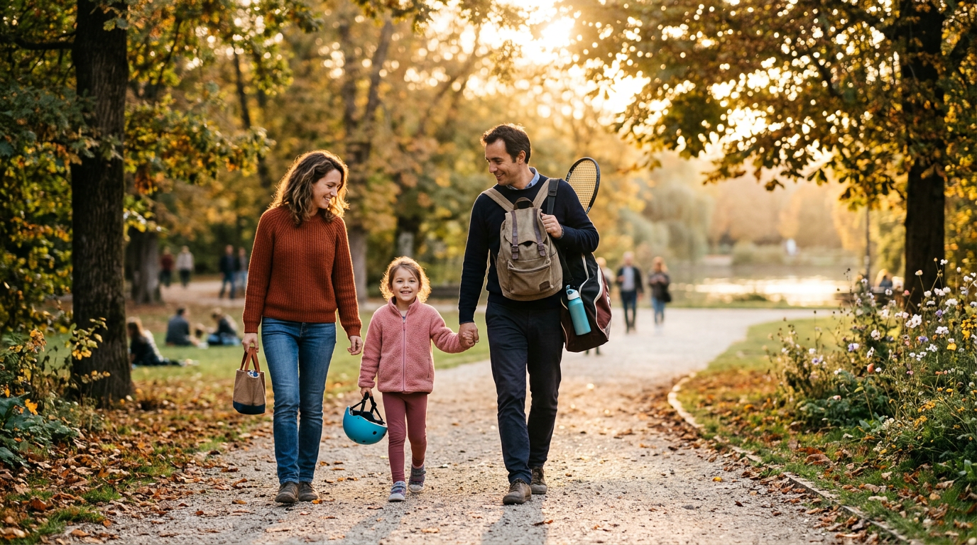 Famille marchant calmement dans un parc après une activité, main dans la main
