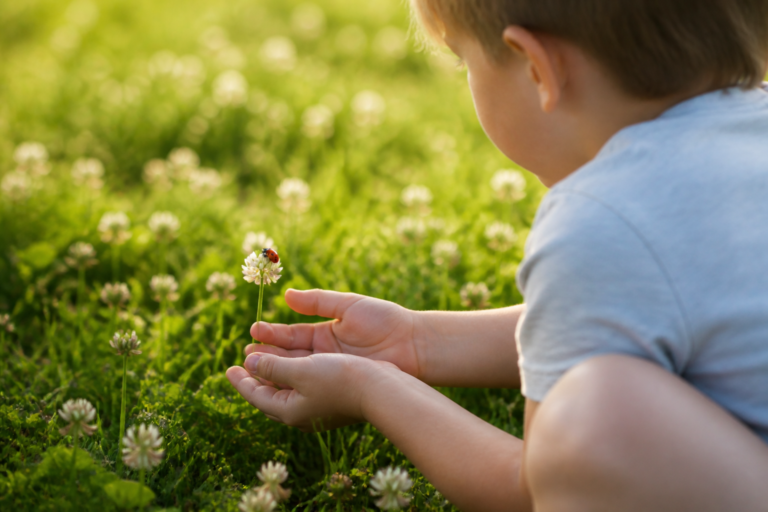 Enfant accroupi dans une prairie qui observe un insecte posé sur une fleur, lumière douce du matin