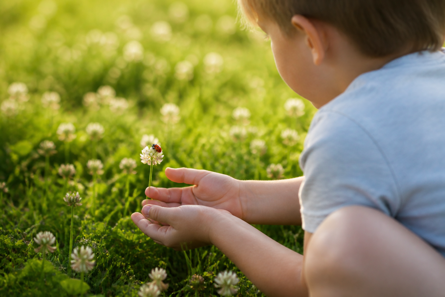 Enfant accroupi dans une prairie qui observe un insecte posé sur une fleur, lumière douce du matin