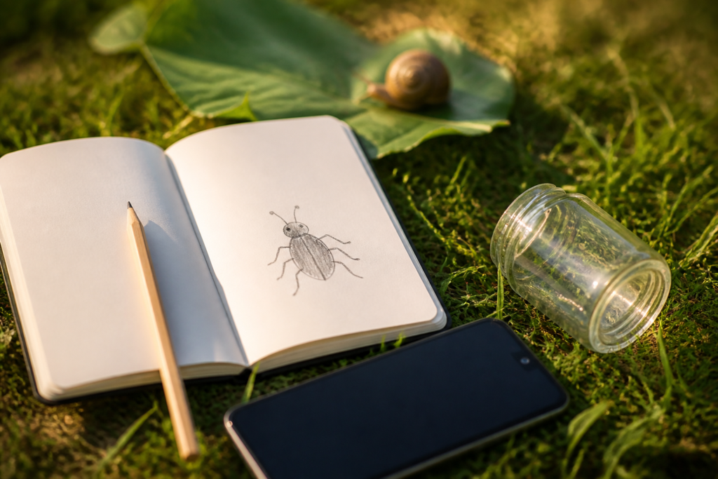 Petit matériel d'observation posé sur l'herbe : un carnet ouvert, un crayon, un petit bocal transparent et un téléphone, près d'un escargot