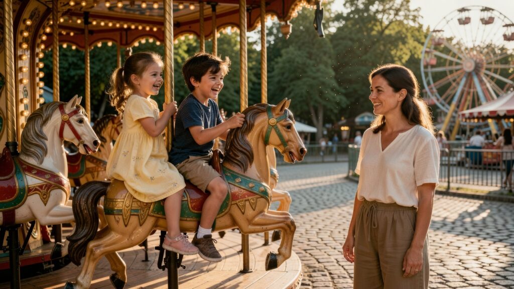 Deux enfants sur un carrousel aux chevaux peints, un parent les surveille dans un parc d'attractions familial