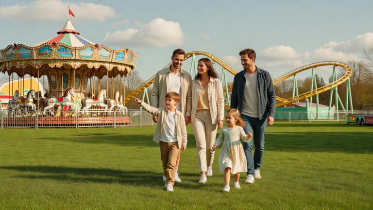 Famille avec deux jeunes enfants marchant vers un parc d'attractions sous un ciel printanier