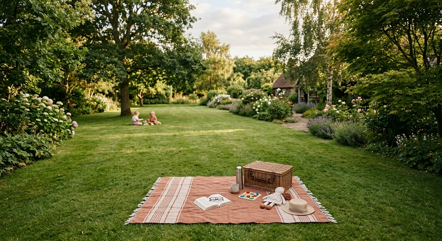 Tapis de pique-nique posé sur l'herbe avec des objets de jeux, enfants au loin