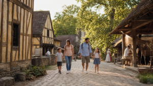 Famille marchant dans un village d'époque reconstitué au crépuscule doré dans un grand parc historique