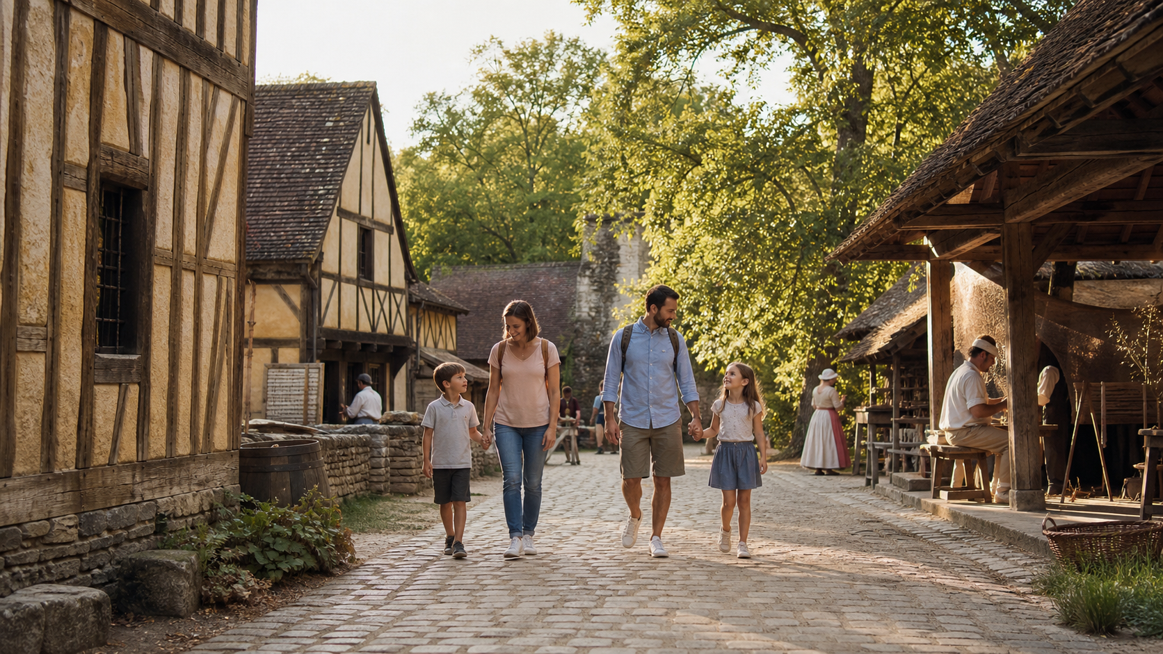Famille marchant dans un village d'époque reconstitué au crépuscule doré dans un grand parc historique