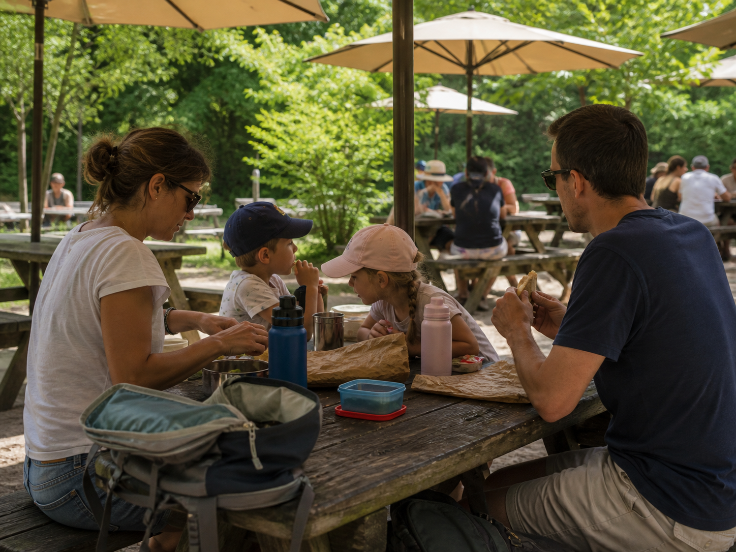 Famille prenant un déjeuner décalé sur une table ombragée dans un parc de loisirs