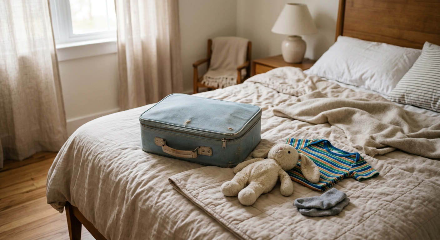 Petite valise ou sac d'enfant avec un doudou et des affaires pour le départ en vacances