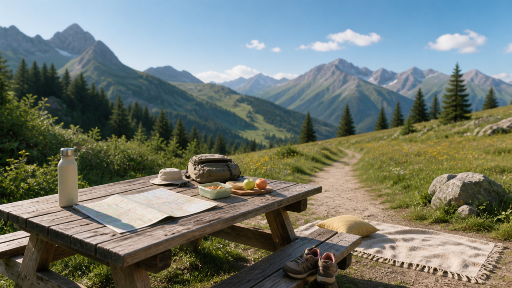 Pause familiale lors d’une journée en montagne l’été