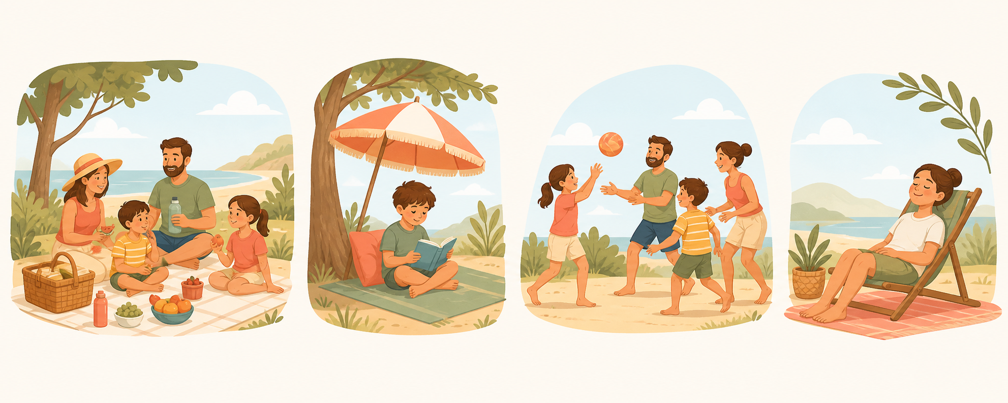 Frise illustrant l'alternance entre moments ensemble et moments séparés dans une journée de vacances