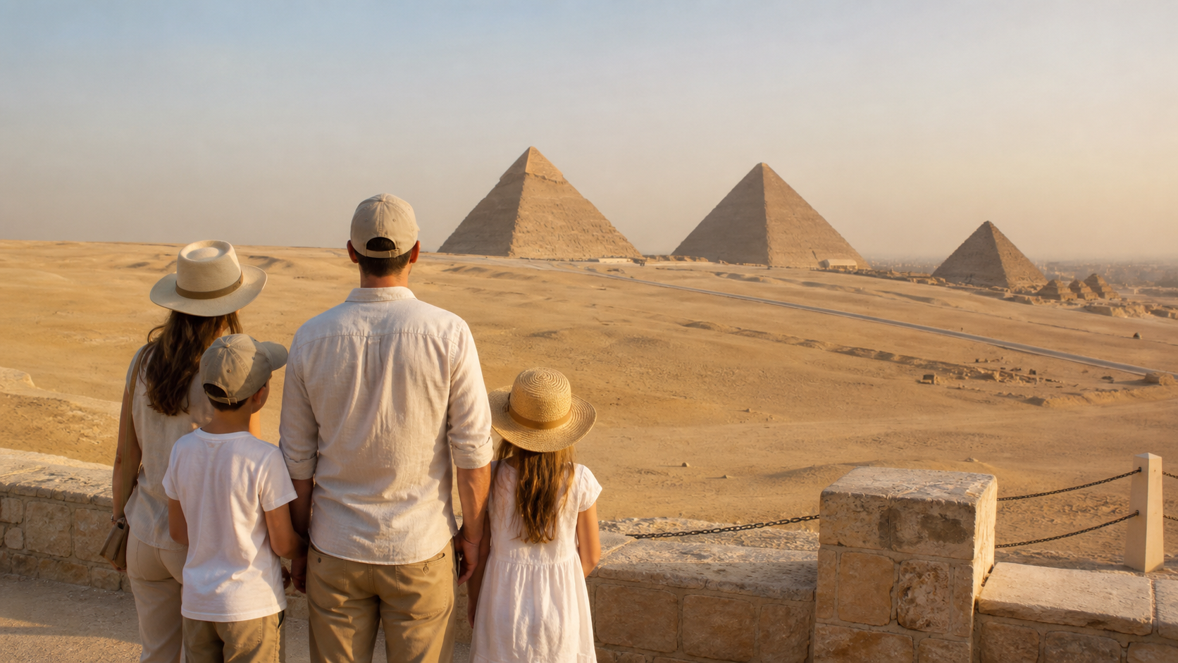 Famille regardant les trois grandes pyramides de Gizeh depuis un belvédère sécurisé