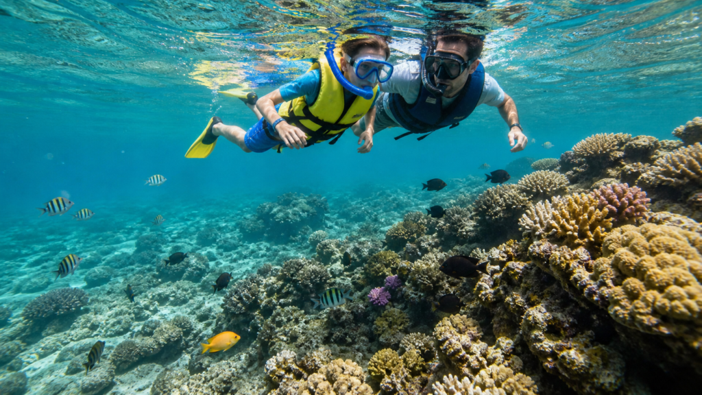Enfant faisant du snorkeling en mer Rouge sous la surveillance rapprochée d'un parent