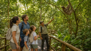 Famille observant un paresseux dans la forêt tropicale costaricienne, accompagnée d'un guide local sur un sentier aménagé.
