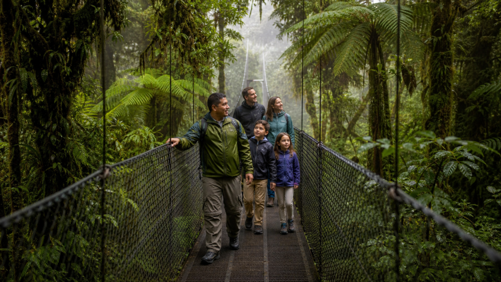Famille traversant une passerelle suspendue au-dessus de la canopée d'une forêt tropicale au Costa Rica, avec un guide local en tête de groupe