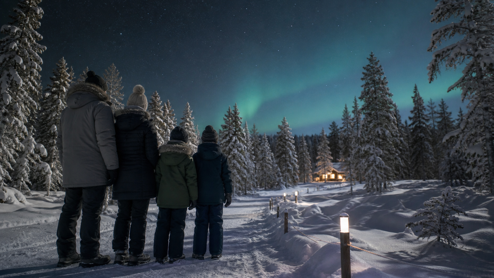 Famille de quatre personnes observant une aurore boréale subtile dans une forêt enneigée de Laponie