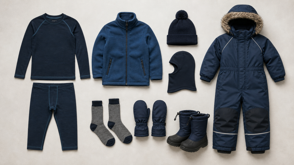 Vêtements superposés pour protéger un enfant du froid en Laponie : thermiques, polaire, combinaison, bonnet, cagoule, moufles, chaussettes et bottes