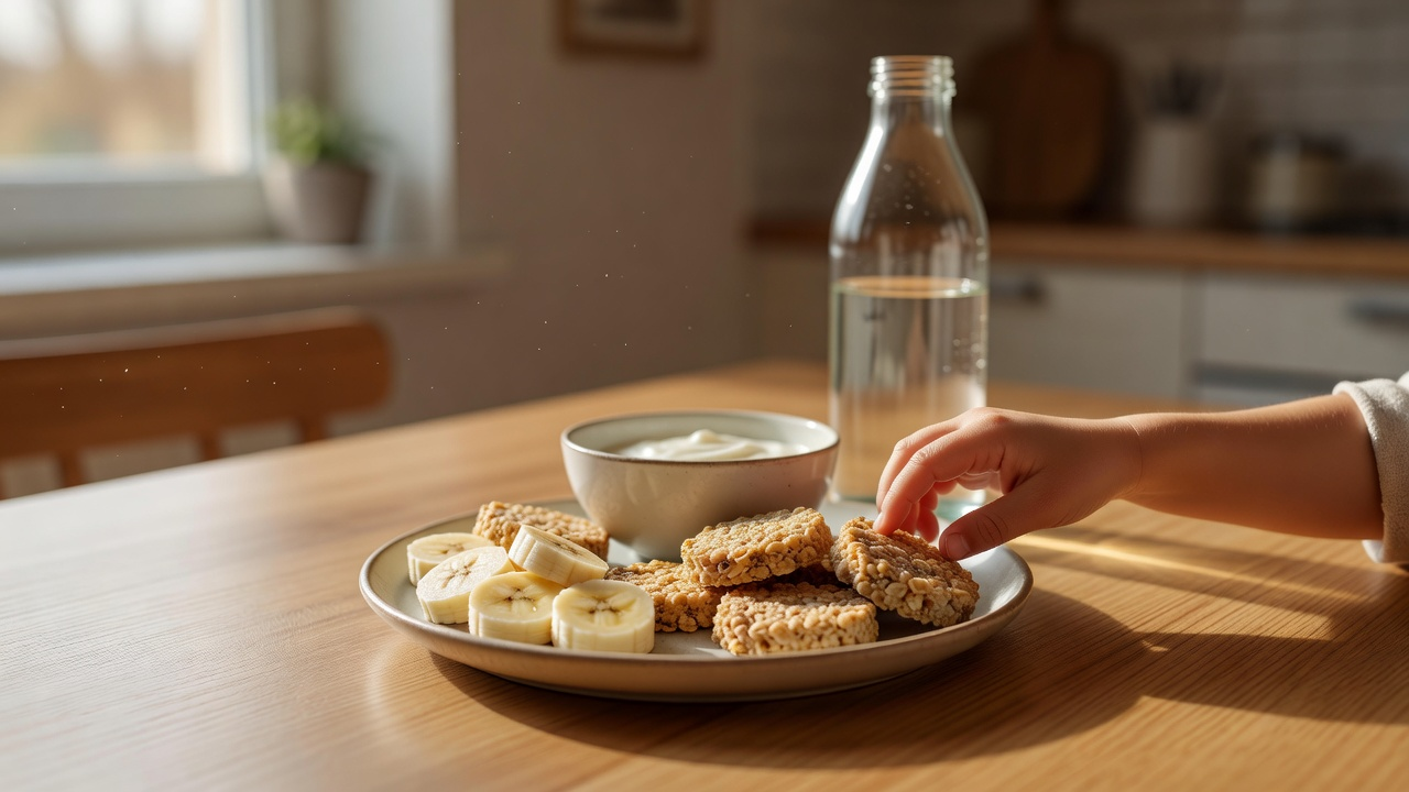 Goûter simple composé de galettes, de rondelles de banane et d'un bol de yaourt sur une table de cuisine