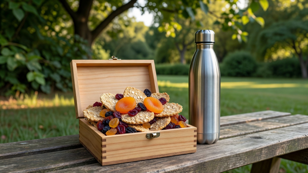 Boîte à collations avec galettes, fruits secs et gourde d'eau posée sur un banc de parc