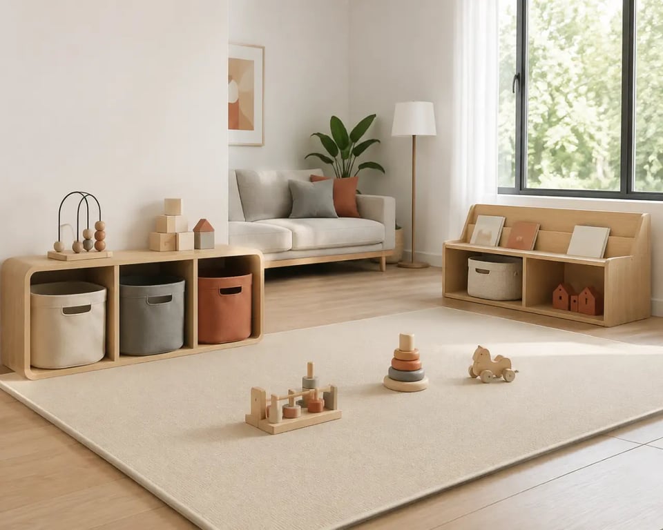 Aménager un coin jeu sécurisé pour les tout-petits à la maison dans un salon avec tapis antidérapant et meuble bas