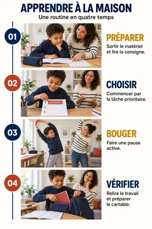 Accompagner les apprentissages scolaires à la maison avec une routine de devoirs en quatre étapes