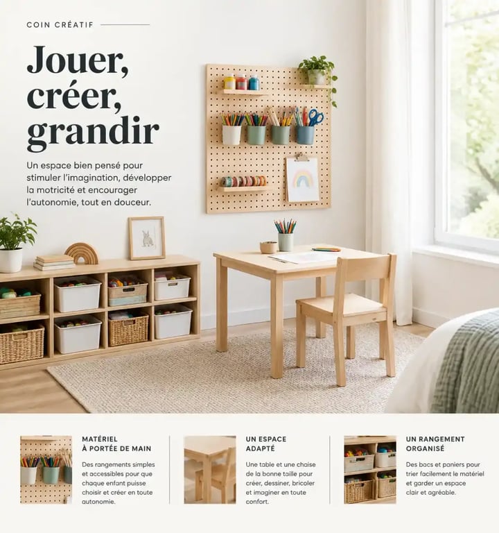 Aménager un coin jeux créatifs dans la chambre des enfants avec une table en bois, un panneau perforé et des rangements bas